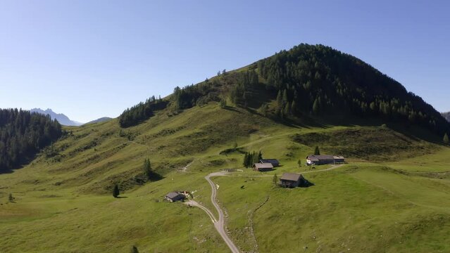 Drone flight over Labenbergalm with Labenberg, Postalm Osterhorn group
