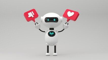 Friendly cute cartoon robot holding like icon - 3d render. Technology concept. Social media apps, UI and UX web design, application development. Customer support chatbot, online consultant.