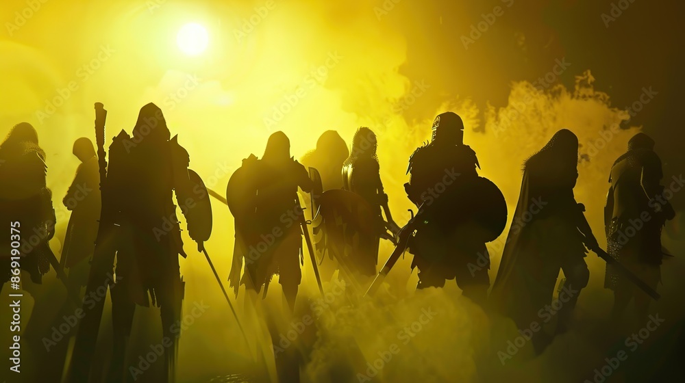 Wall mural Silhouettes of Warriors in a Golden Haze