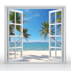 Front view of a window opening to a tropical paradise with palm trees, turquoise water, and white sandy beaches © TawaUStock