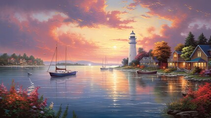 Naklejka premium This is a beautiful painting of a lighthouse at sunset. The warm colors of the sky and the soft light on the water create a peaceful and serene scene.