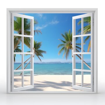 Front view of a window opening to a tropical paradise with palm trees, turquoise water, and white sandy beaches