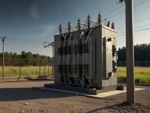 A transformer at an electrical substation. Transmission of electricity.