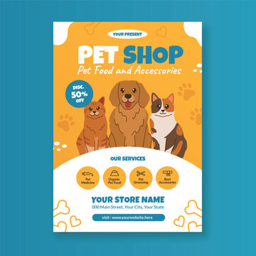Pet shop flyer template with cat and dog illustration