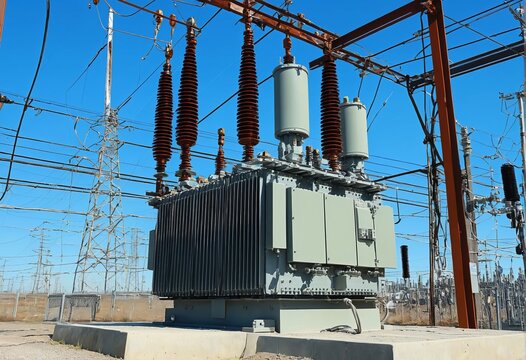 A transformer at an electrical substation. Transmission of electricity.