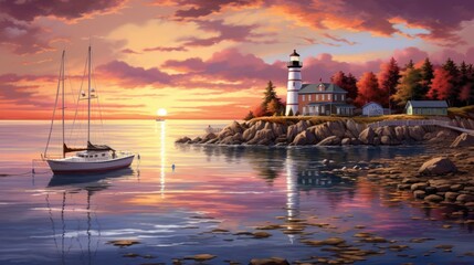 Naklejka premium A beautiful summer evening at the lighthouse. The sun is setting over the calm sea, and the sky is ablaze with color.