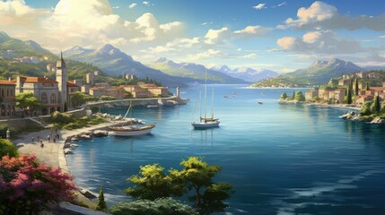 Naklejka premium A beautiful Mediterranean landscape with a coastal village, mountains, and sailboats in the harbor. The sky is blue and there are white clouds.