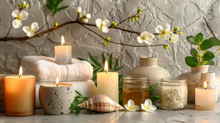 Serene spa bathroom with vanity, towels, candles, flowers, and stylish seashell decor