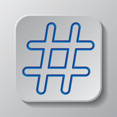 Obraz premium Hashtag simple icon vector. Flat design. Paper cut design. Cutted blue symbol with shadow. Gray badge button, gray background