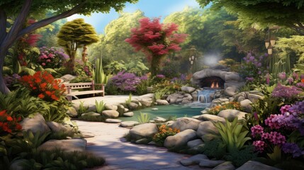 A beautiful park with a pond, waterfall, and flowers. A stone path leads through the park, and there is a bench under a tree.