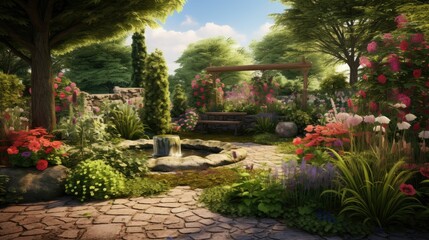 A beautiful garden with a stone path, a fountain, and a bench surrounded by colorful flowers and lush greenery.