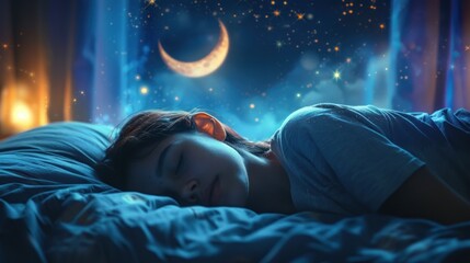 Person sleeping with crescent moon and stars above