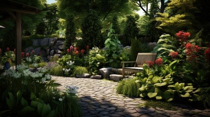 Obraz premium A beautiful garden path with a bench surrounded by lush greenery and colorful flowers.