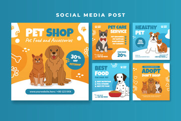 Pet shop social media post template with cat and dog vector illustration