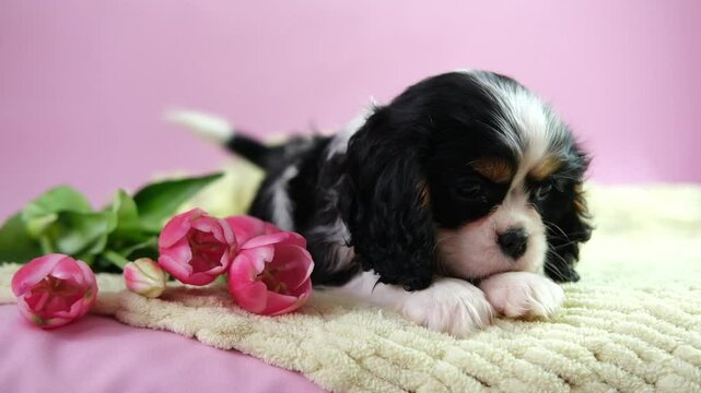 Adorable Cavalier King Charles Spaniel puppy lying and posing on pink background, next to flowers and looking at camera. Empty space for text. Friendship, pets.