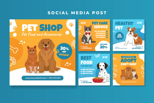 Pet shop social media post template with cat and dog vector illustration