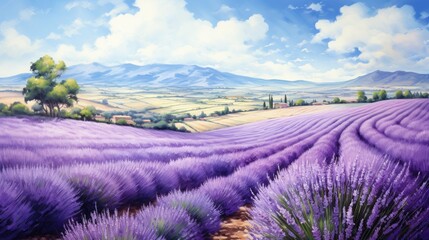 Fototapeta premium A beautiful landscape of a lavender field in bloom. The lavender is a vibrant purple color and is in full bloom.