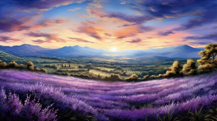 Amazing landscape with lavender field and mountains in the distance. The sky is blue with some clouds and the sun is shining brightly.