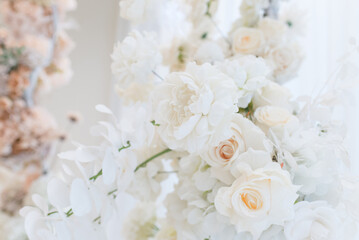 Floral decoration. Natural floral card for the background. Universal composition made of beautiful bouquet of flowers on light backdrop.