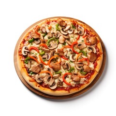 A pizza with mushrooms, peppers, and chicken on a wooden board