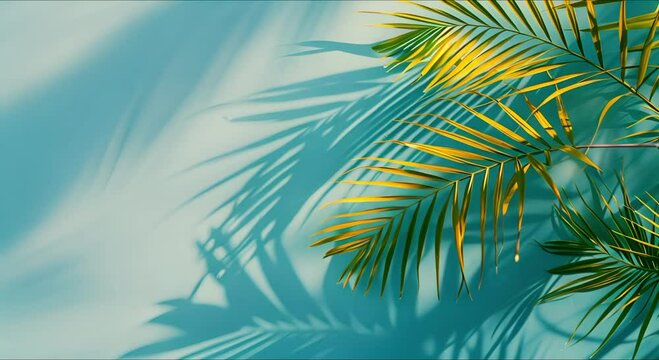 Trendy Bali-style summer backdrop with copy space, palm leaves, sunlight and shadows.