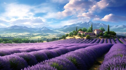 A beautiful landscape of a lavender field with a farmhouse in the distance. The lavender is in full bloom and the sun is shining brightly.