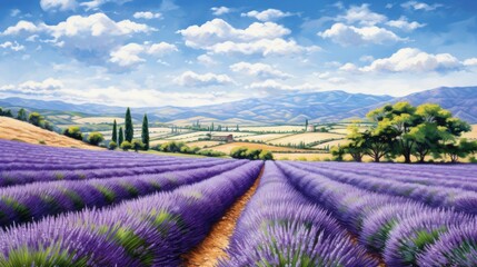 Fototapeta premium This is a beautiful landscape of a lavender field in Provence, France. The lavender is in full bloom and the air is filled with its sweet scent.
