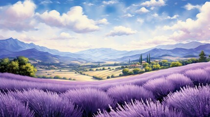 A beautiful landscape of a lavender field with a farmhouse in the distance. The sky is blue and there are white clouds.