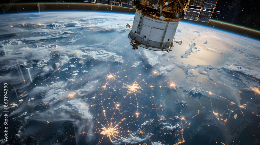 Wall mural view from space of starlink satelites streaming from left to right of frame, with earth off in the d