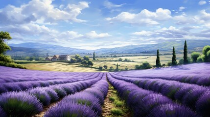 A beautiful landscape of a lavender field in bloom. The lavender is a vibrant purple color and is in full bloom.