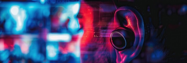 A close-up of an ear wearing headphones, with a blurred background showing a screen displaying a movie or TV show. Generative AI