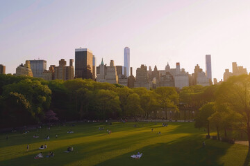 Fototapeta premium Golden hour in city park with stunning skyline view
