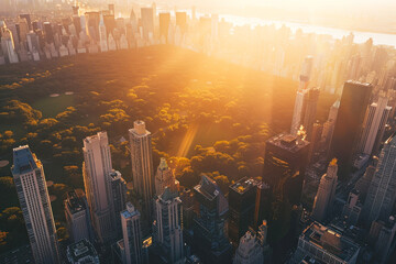 Panoramic view of large city park at golden hour