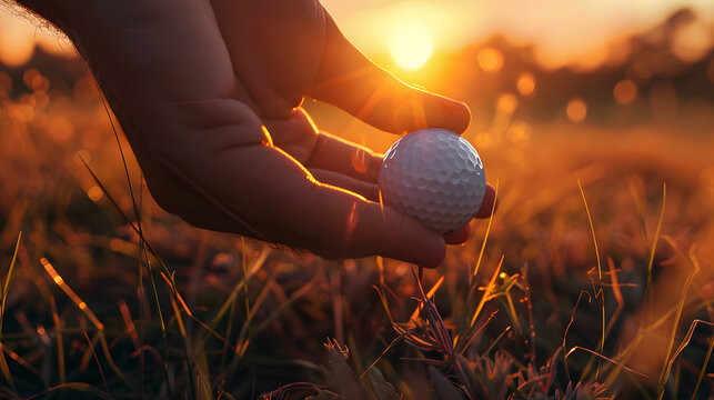 A close-up of a hand placing a golf ball on the tee against a sunset background, conveying a concept of precision. Generative AI