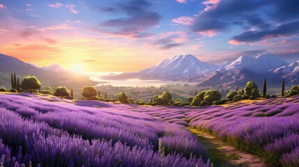 Obraz premium Amazing landscape with lavender fields and mountains in the distance. The setting sun casts long shadows over the rolling hills.