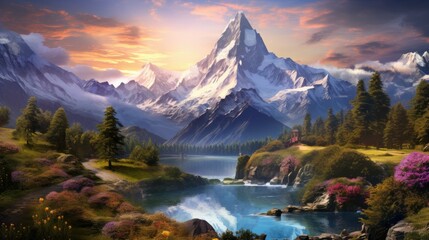 Fototapeta premium The majestic mountain landscape is a sight to behold. The towering peaks are covered in snow.