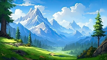 A beautiful landscape painting of snow-capped mountains and a lush green valley. The sky is a clear blue with fluffy white clouds.