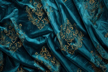 Elegant decor  luxurious blue velvet with intricate golden patterns and beautiful folds