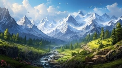 The mountains are in the distance, and the river is in the foreground. The sky is blue and there are some clouds. The trees are green and lush.