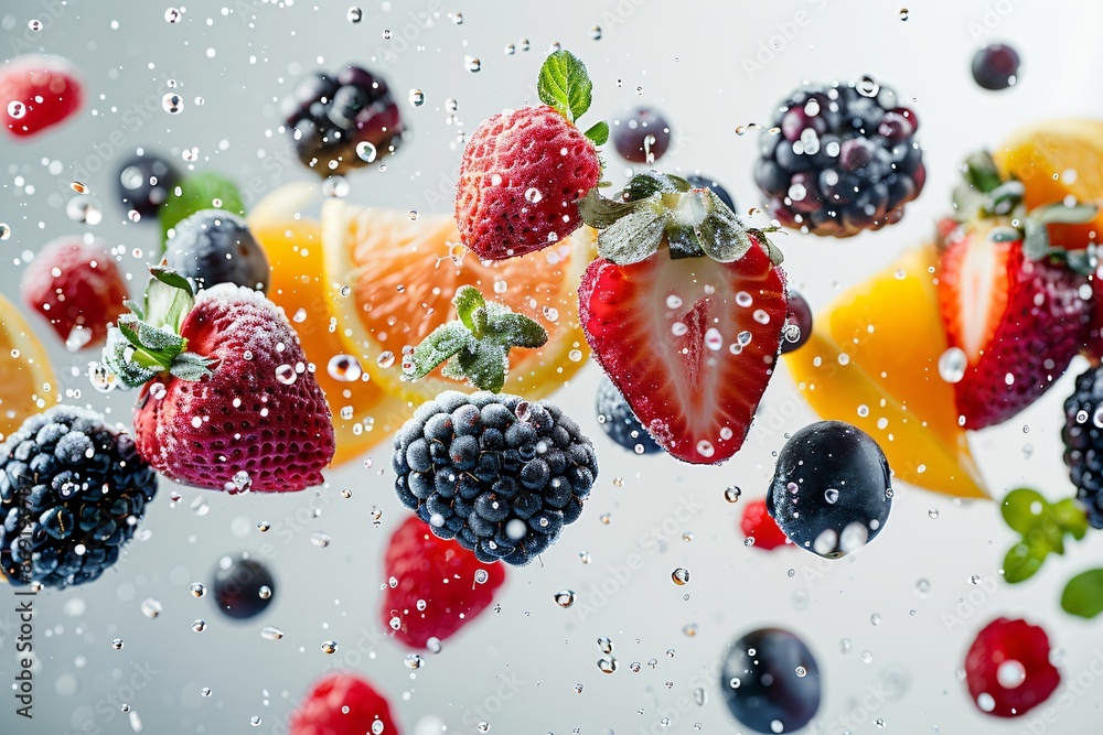 Wall mural Fresh Fruits with Droplets Falling on White Background - Wall murals