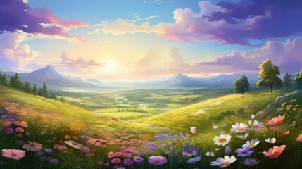 A beautiful landscape with a river running through a valley, with mountains in the distance. The foreground is filled with colorful flowers.
