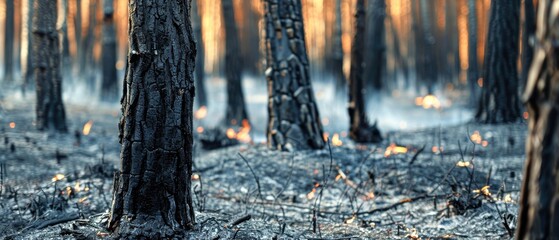 Obraz premium Blackened tree trunks and ash-covered ground after a forest fire, natural disaster, environmental damage