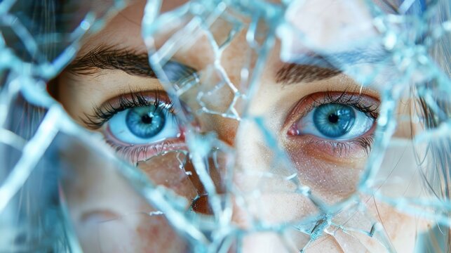 Broken mirror with a sad face reflected, breakup, shattered self-image