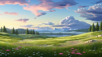 Fototapeta premium Tranquil mountain landscape with a beautiful lake. The sky is blue with hazy clouds and the sun is shining brightly.