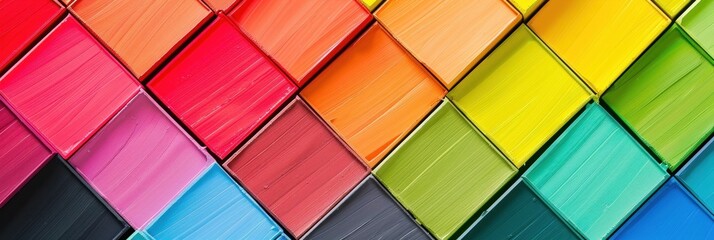 Fototapeta premium Array of colorful square paint containers in rows.