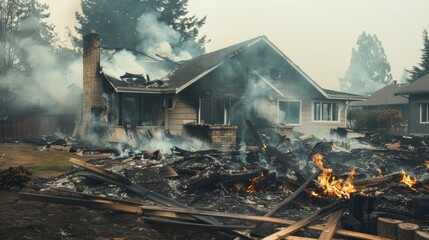 Charred remains of a home with smoke still rising, fire damage, aftermath of a blaze