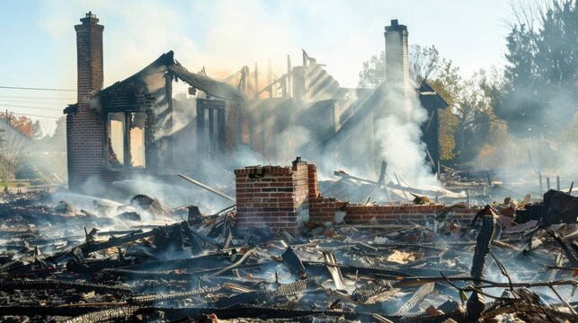 Charred remains of a home with smoke still rising, fire damage, aftermath of a blaze