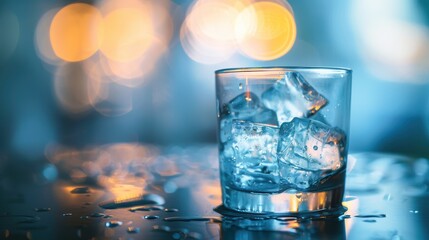 Close-up of an empty glass with ice melting, solitude, alcoholism