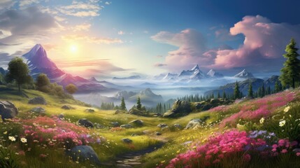 A beautiful landscape image of a mountain valley with a river running through it. The valley is filled with lush green grass and wildflowers.