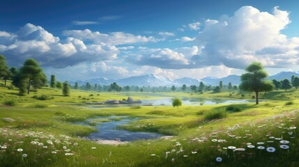 The image is of a beautiful landscape with a lake, mountains, and trees. The sky is blue and there are white clouds.